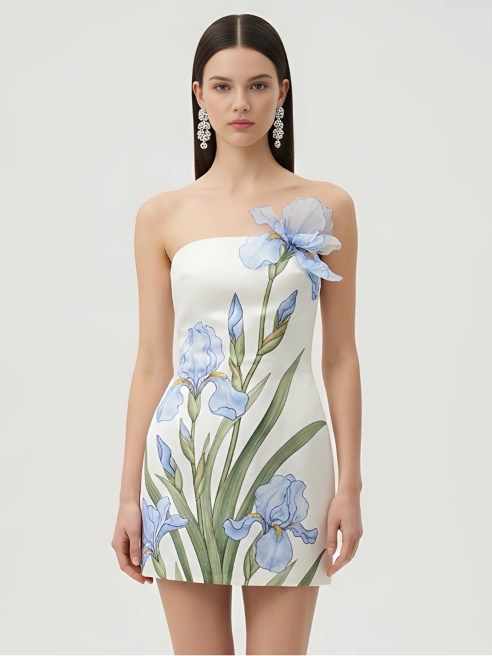 JW PEI White Strapless Mini Dress with Light Blue Iris Print